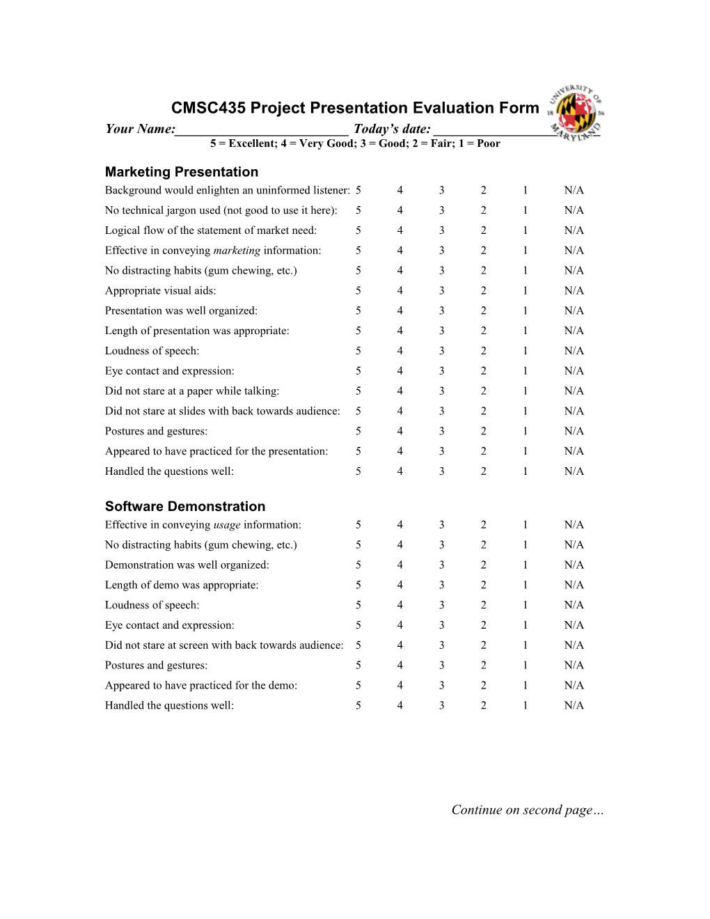 CMSC435 Project Presentation Evaluation Form