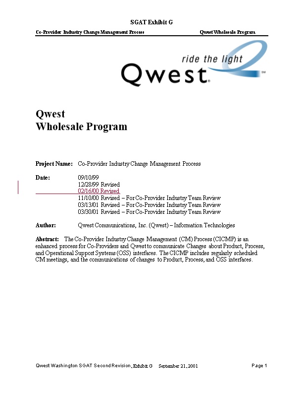 Co-Provider Industry Change Management Processqwest Wholesale Program