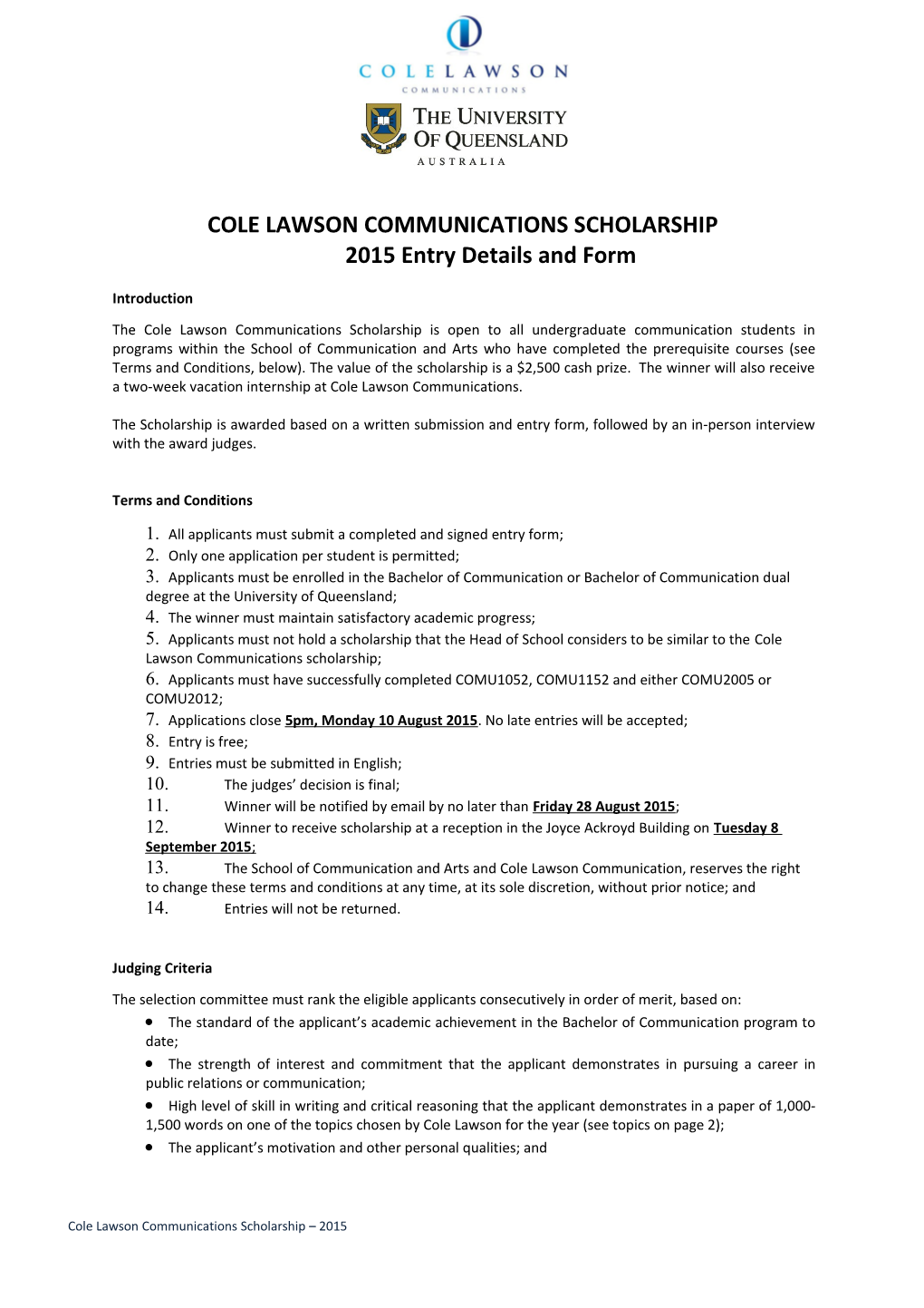 COLE LAWSON COMMUNICATIONS SCHOLARSHIP2015 Entry Details and Form