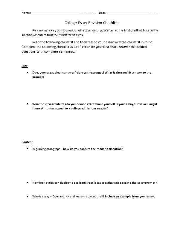 College Essay Revision Checklist