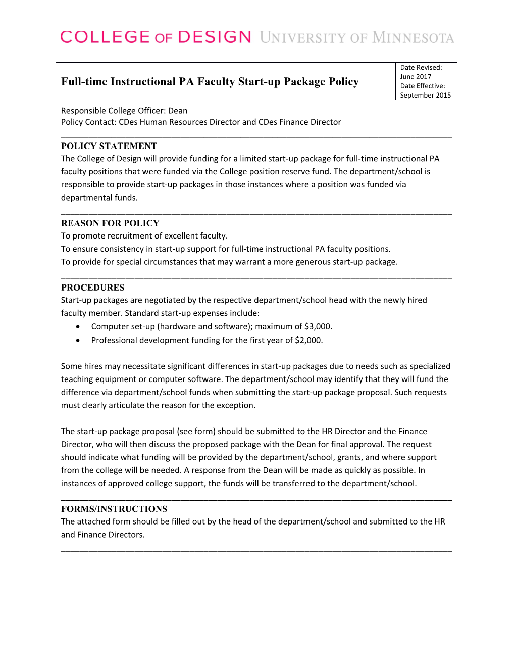 College of Design Full-Time Instructional PA Faculty Start-Up Package Policypage 1