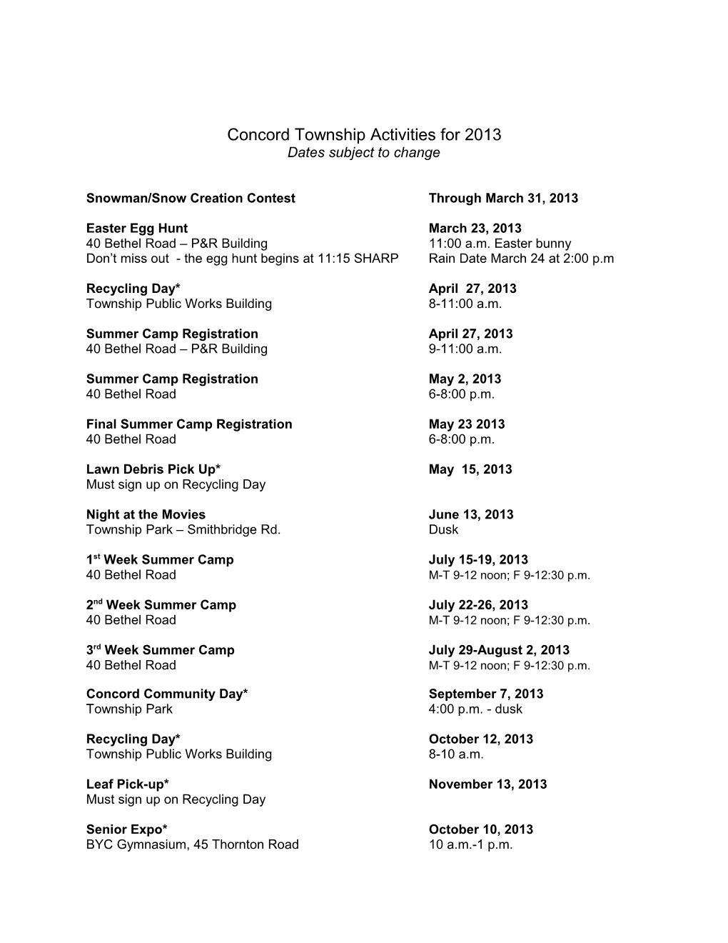 Concord Township Activities for 2008