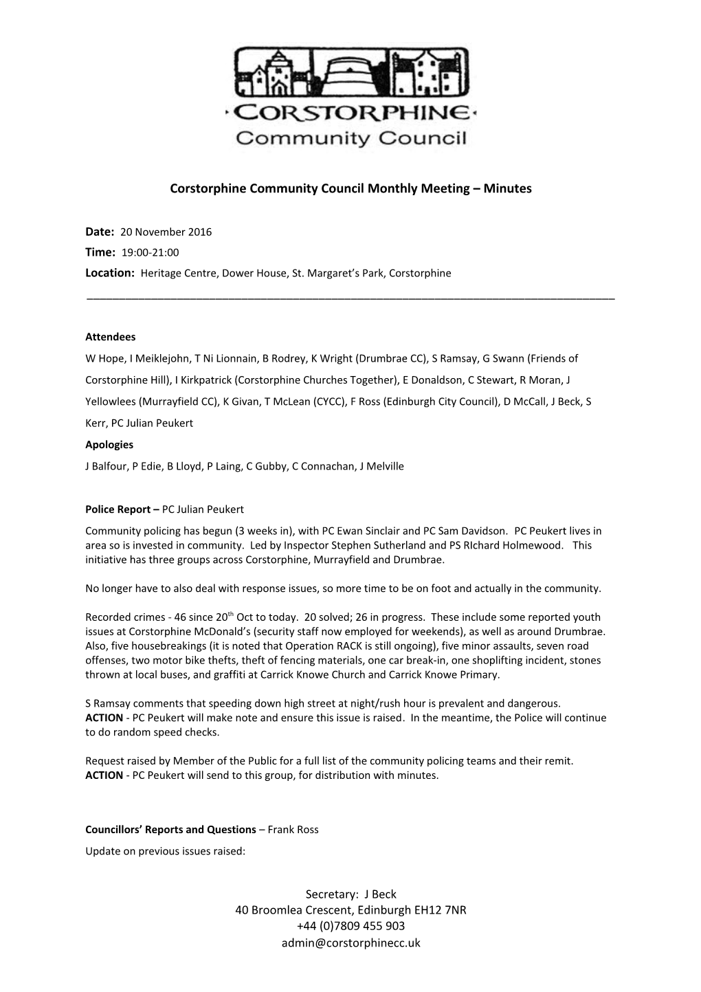 Corstorphine Community Council Monthly Meeting Minutes
