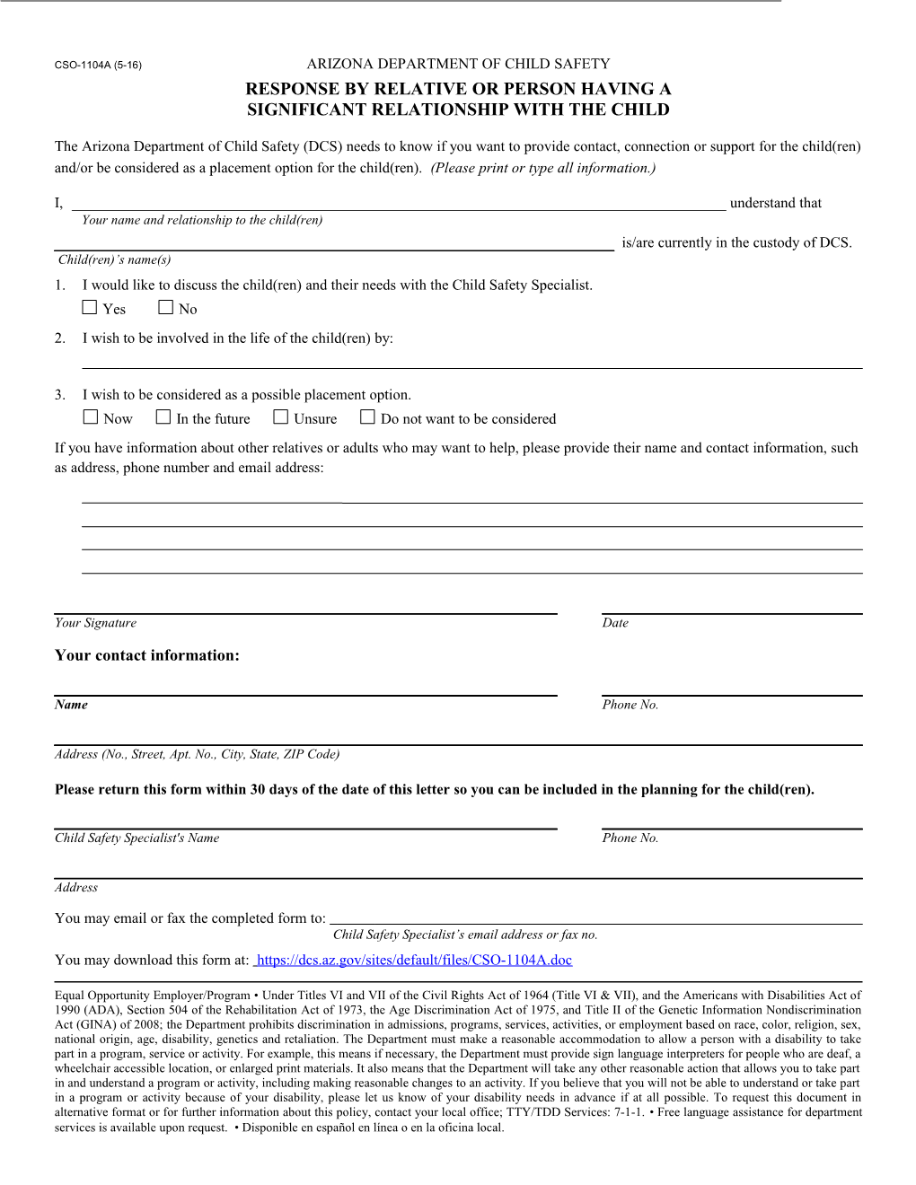 CSO-1104A, Response by Relative Or Person Having a Significant Relationship with the Child