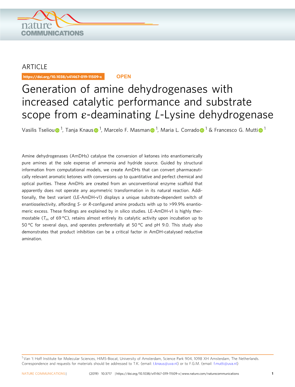 Generation of Amine Dehydrogenases with Increased Catalytic Performance and Substrate Scope from Ε-Deaminating L-Lysine Dehydrogenase