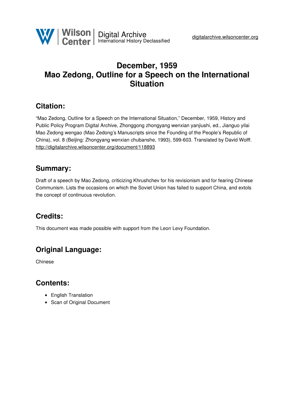 December, 1959 Mao Zedong, Outline for a Speech on the International Situation