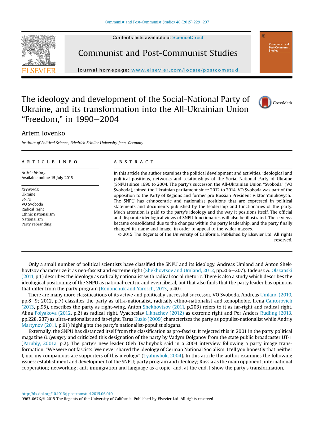 The Ideology and Development of the Social-National Party of Ukraine, and Its Transformation Into the All-Ukrainian Union “Freedom,” in 1990E2004