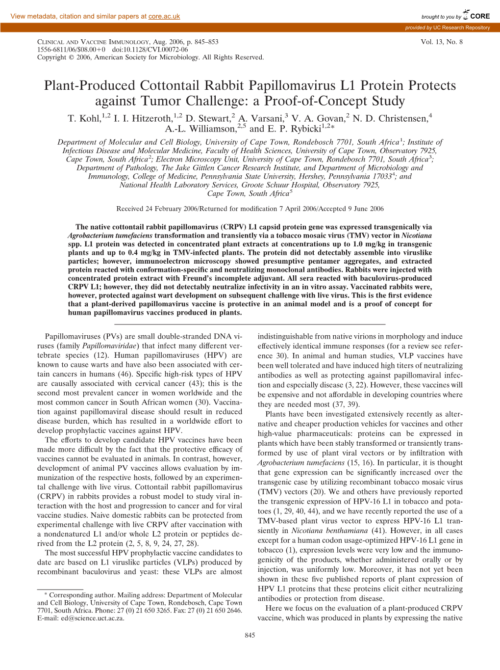 Plant-Produced Cottontail Rabbit Papillomavirus L1 Protein Protects Against Tumor Challenge: a Proof-Of-Concept Study T