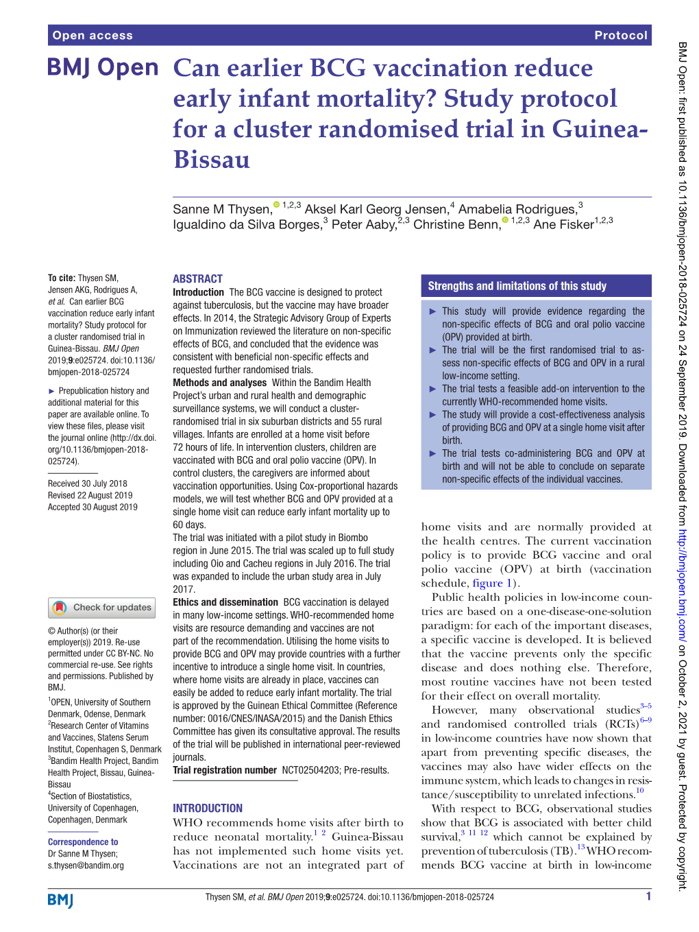 Can Earlier BCG Vaccination Reduce Early Infant Mortality? Study Protocol for a Cluster Randomised Trial in Guinea- Bissau