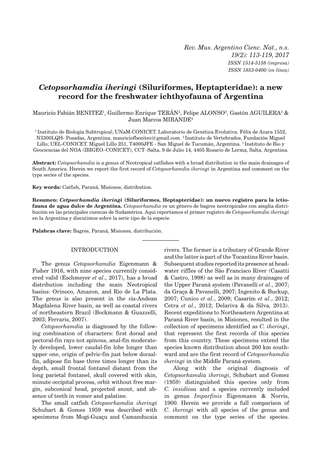 Cetopsorhamdia Iheringi (Siluriformes, Heptapteridae): a New Record for the Freshwater Ichthyofauna of Argentina