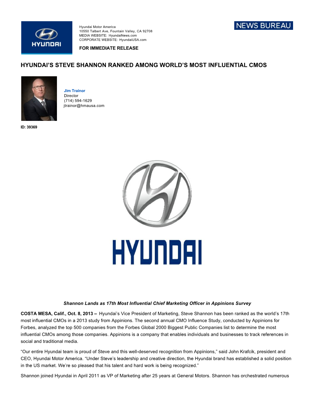 Hyundai's Steve Shannon Ranked Among World's Most