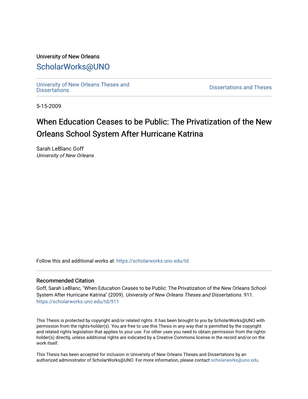When Education Ceases to Be Public: the Privatization of the New Orleans School System After Hurricane Katrina