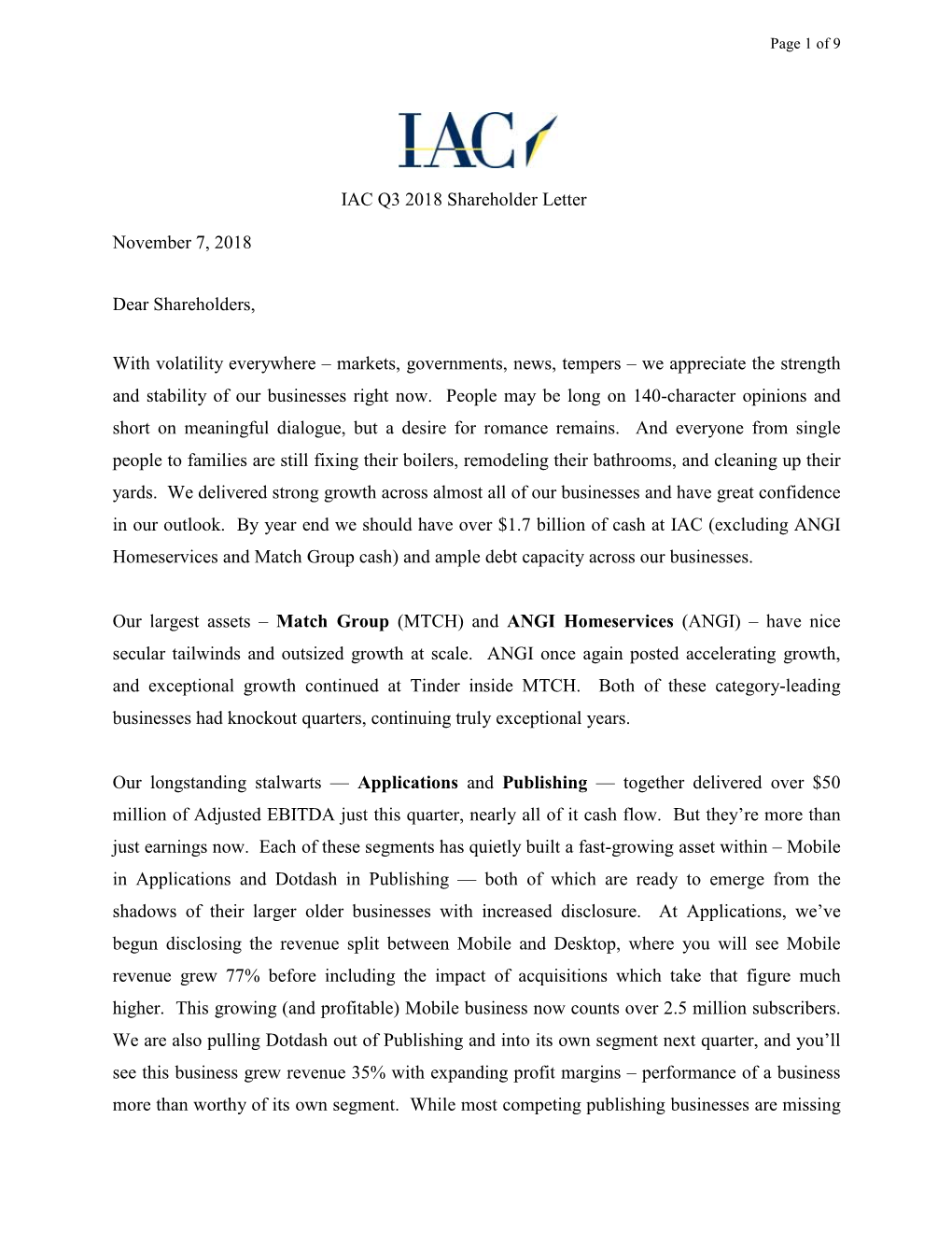 Shareholder Letter