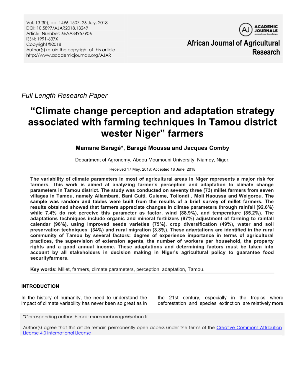 “Climate Change Perception and Adaptation Strategy Associated with Farming Techniques in Tamou District Wester Niger” Farmers