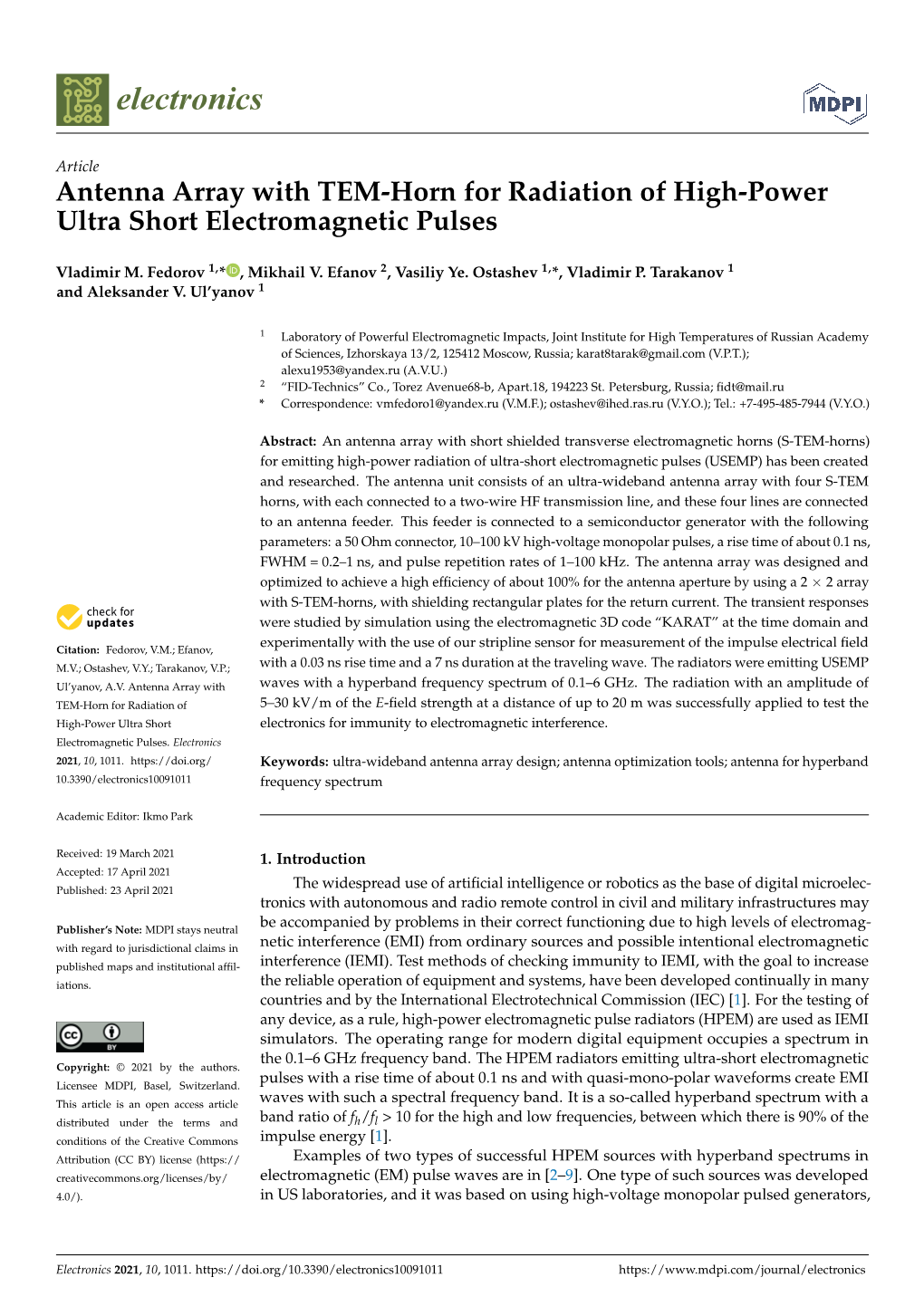 Antenna Array with TEM-Horn for Radiation of High-Power Ultra Short Electromagnetic Pulses