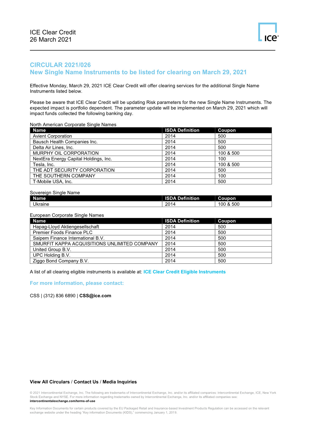 ICE Clear Credit 26 March 2021 CIRCULAR 2021/026 New Single