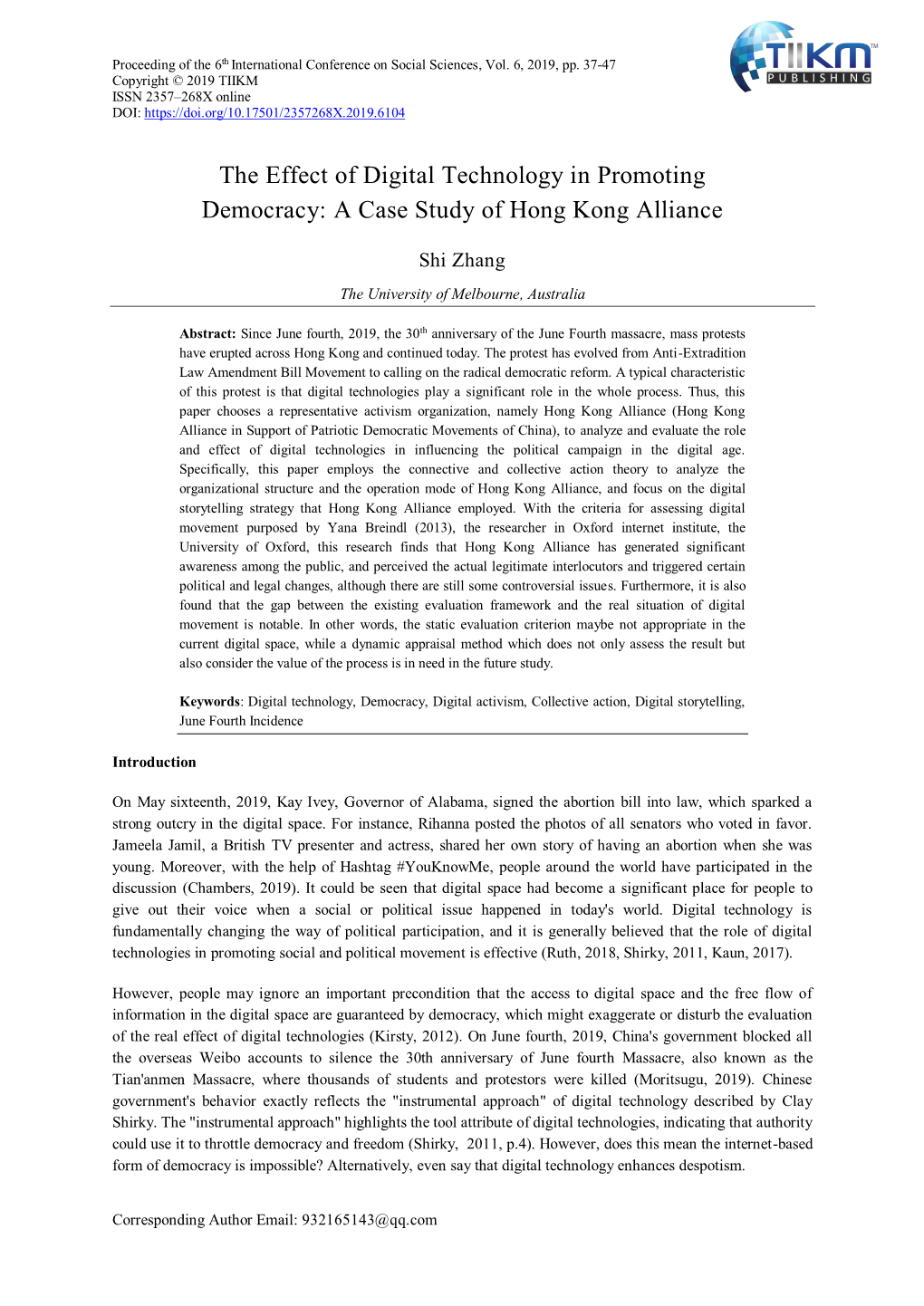The Effect of Digital Technology in Promoting Democracy: a Case Study of Hong Kong Alliance