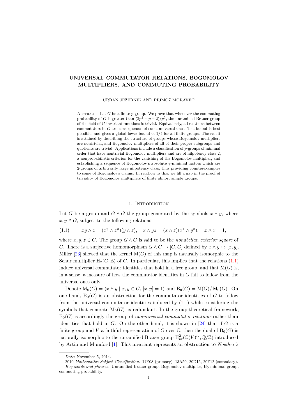 Universal Commutator Relations, Bogomolov Multipliers, and Commuting Probability