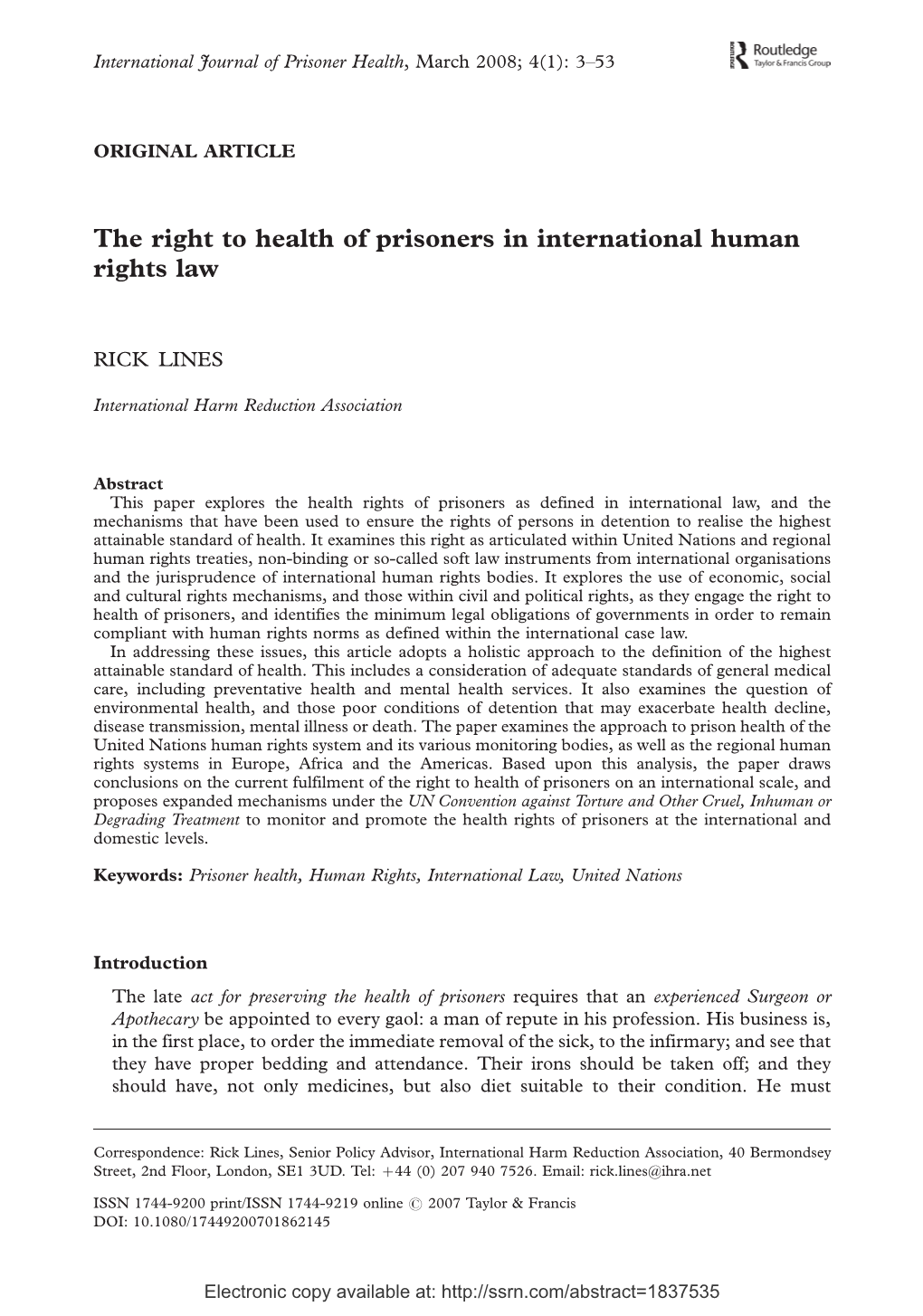The Right to Health of Prisoners in International Human Rights Law