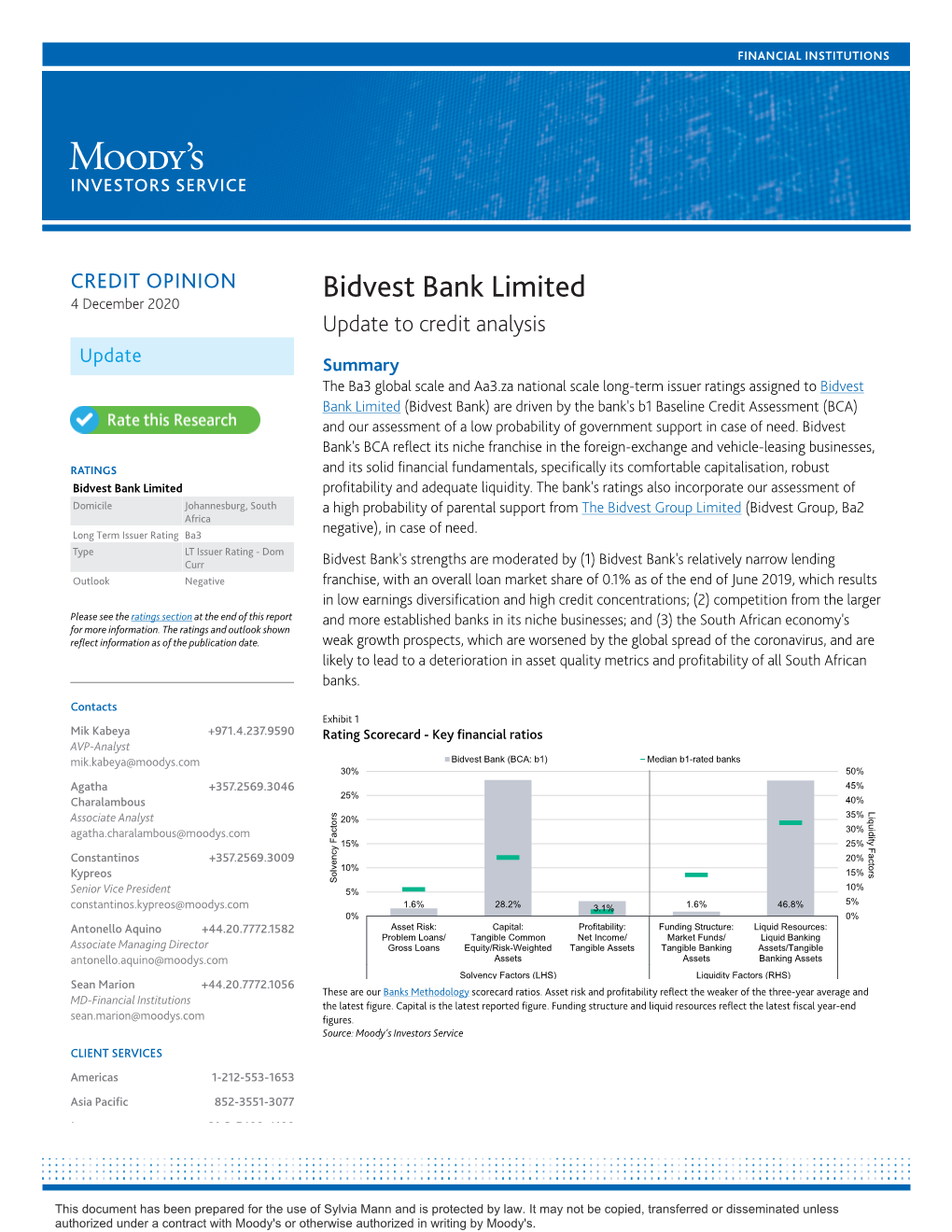 Bidvest Bank Limited 4 December 2020 Update to Credit Analysis