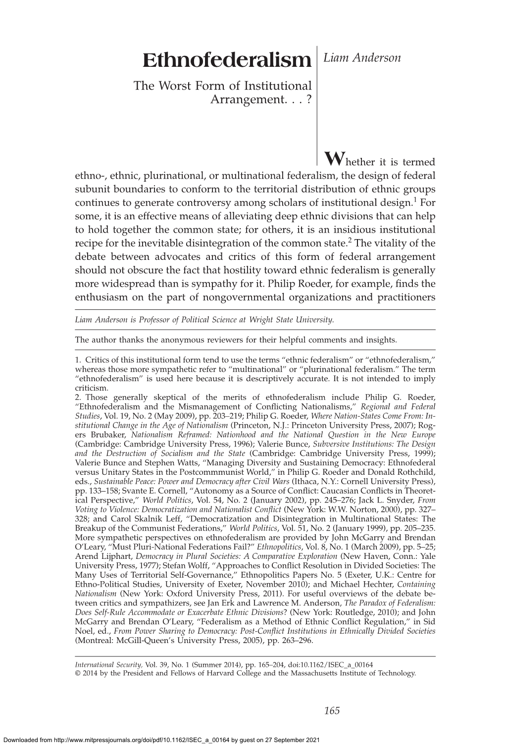 Ethnofederalism Liam Anderson the Worst Form of Institutional Arrangement...?