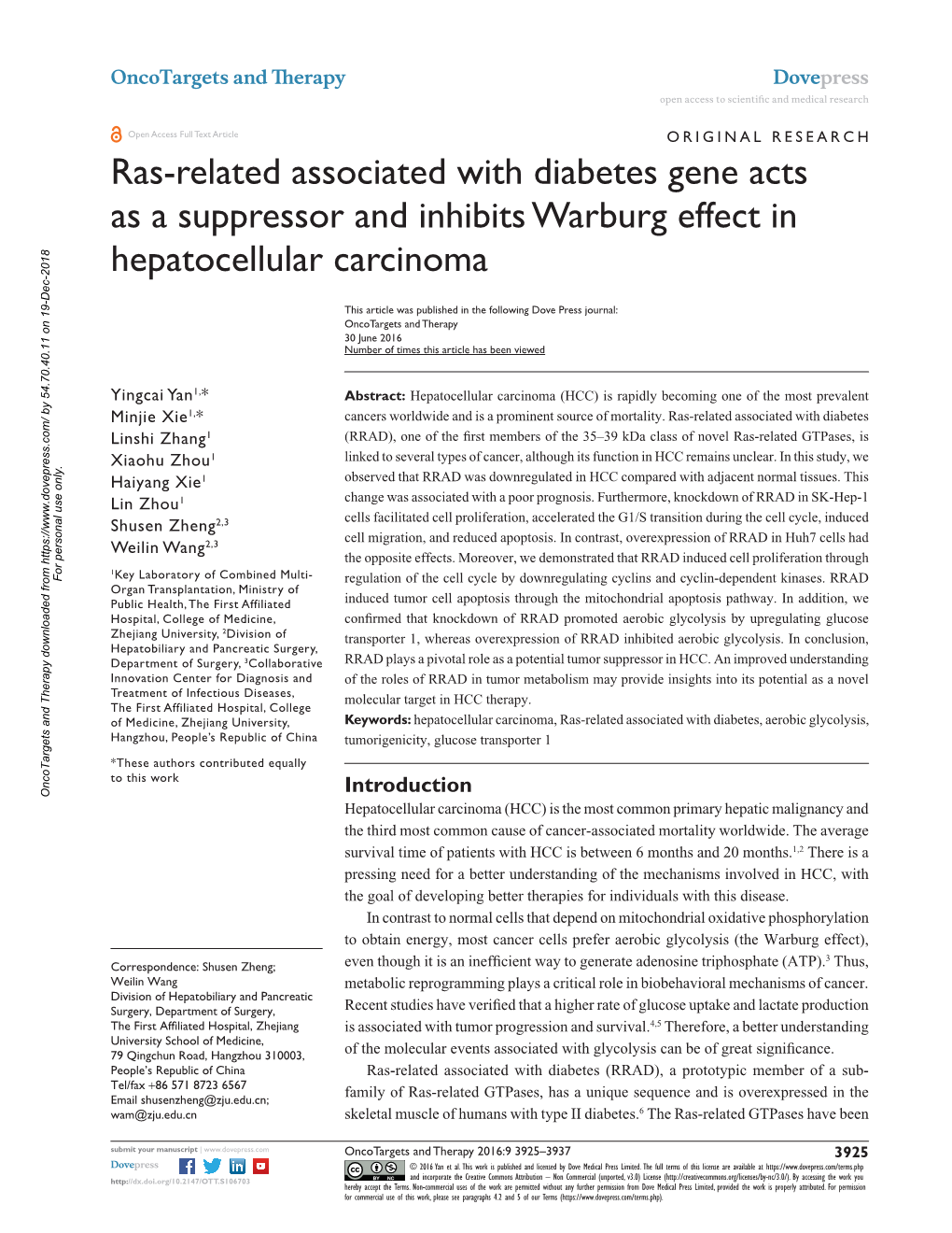 Ras-Related Associated with Diabetes Gene Acts As a Suppressor and Inhibits Warburg Effect in Hepatocellular Carcinoma