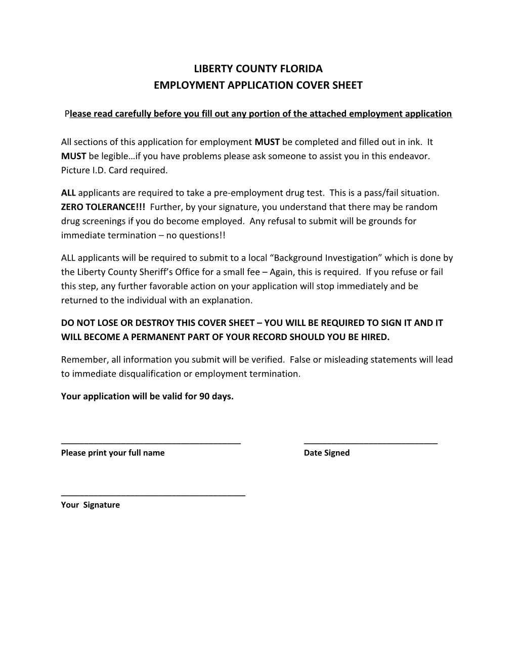 Employment Application Cover Sheet