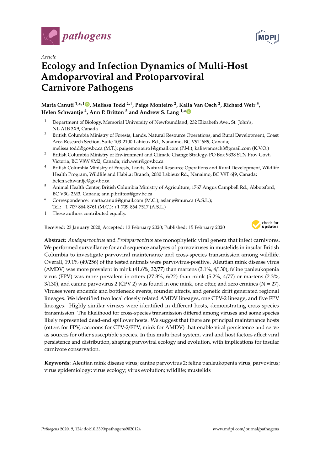 Ecology and Infection Dynamics of Multi-Host Amdoparvoviral and Protoparvoviral Carnivore Pathogens