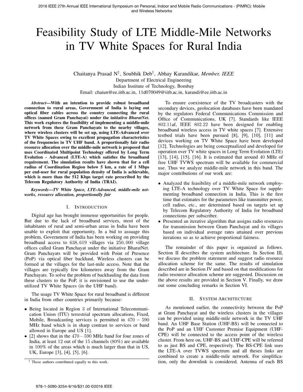 Feasibility Study of LTE Middle-Mile Networks in TV White Spaces for Rural India