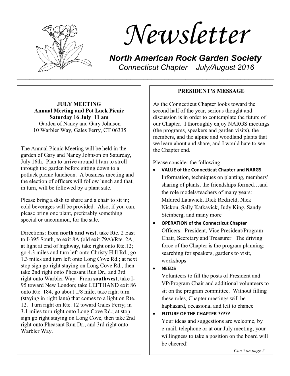 Newsletter North American Rock Garden Society Connecticut Chapter July/August 2016 ______