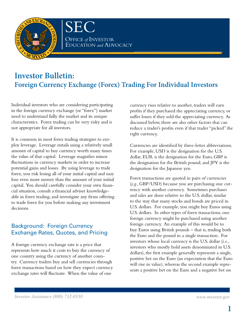 Investor Bulletin: Foreign Currency Exchange (Forex) Trading for Individual Investors