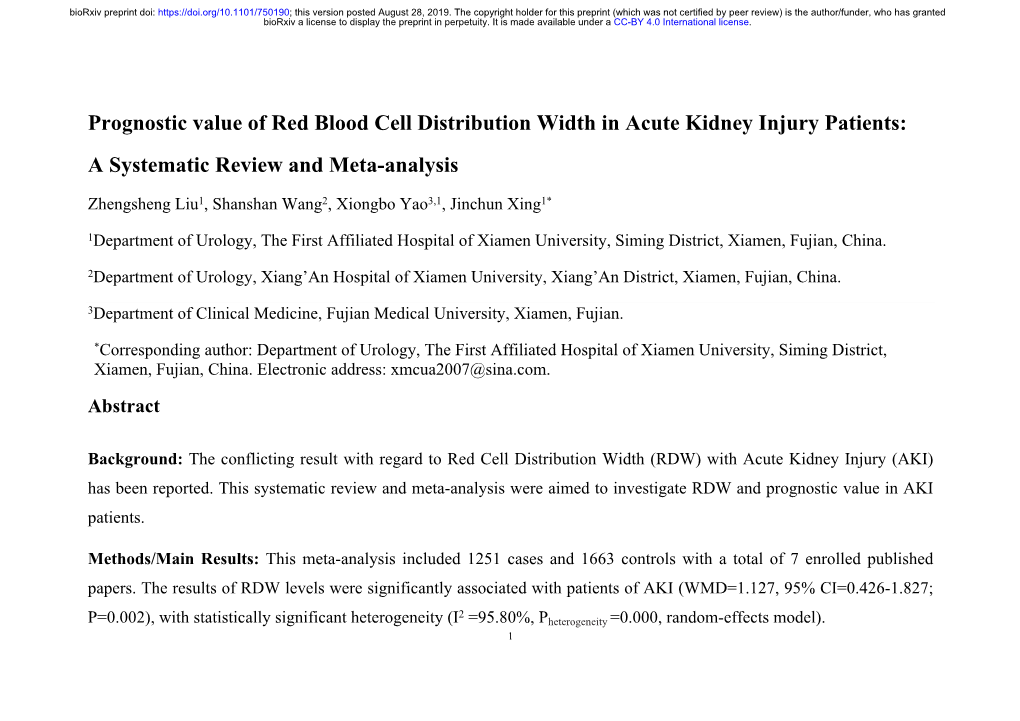 Prognostic Value of Red Blood Cell Distribution Width in Acute Kidney Injury Patients: a Systematic Review and Meta-Analysis