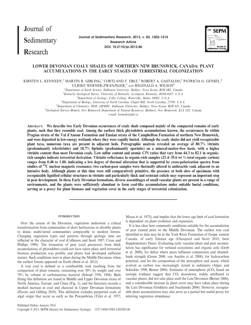 Lower Devonian Coaly Shales of Northern New Brunswick, Canada: Plant Accumulations in the Early Stages of Terrestrial Colonization