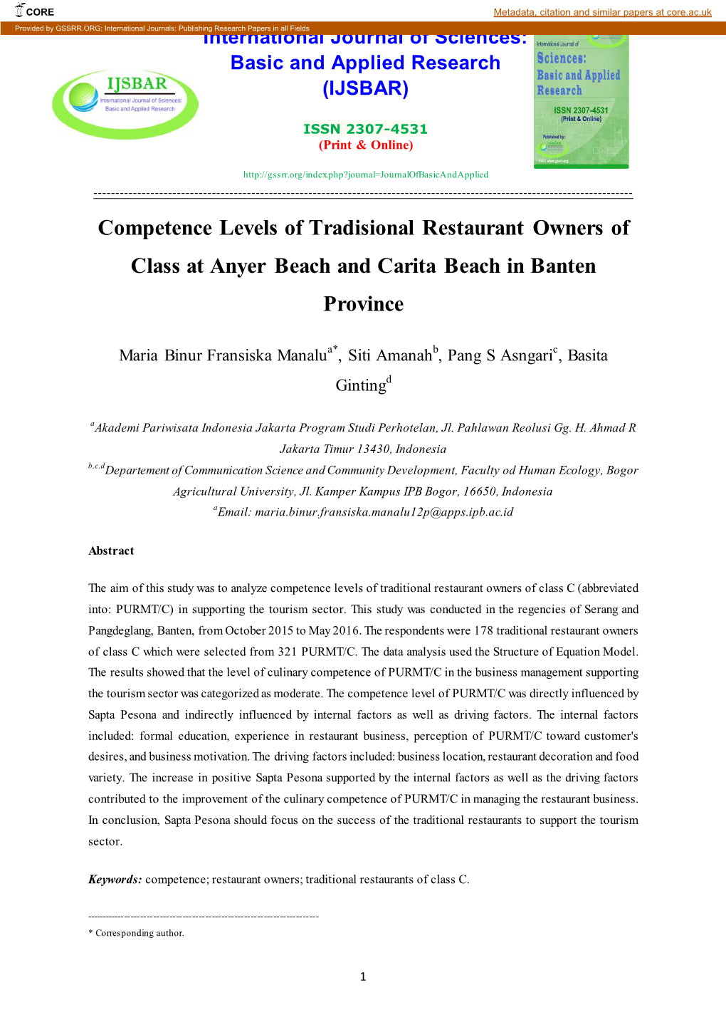 Competence Levels of Tradisional Restaurant Owners of Class at Anyer Beach and Carita Beach in Banten Province