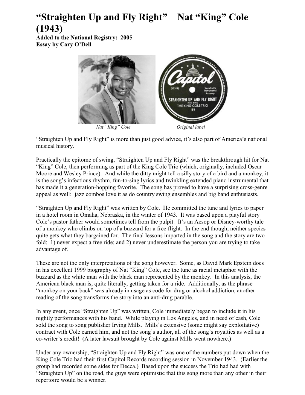 “Straighten up and Fly Right”—Nat “King” Cole (1943) Added to the National Registry: 2005 Essay by Cary O’Dell