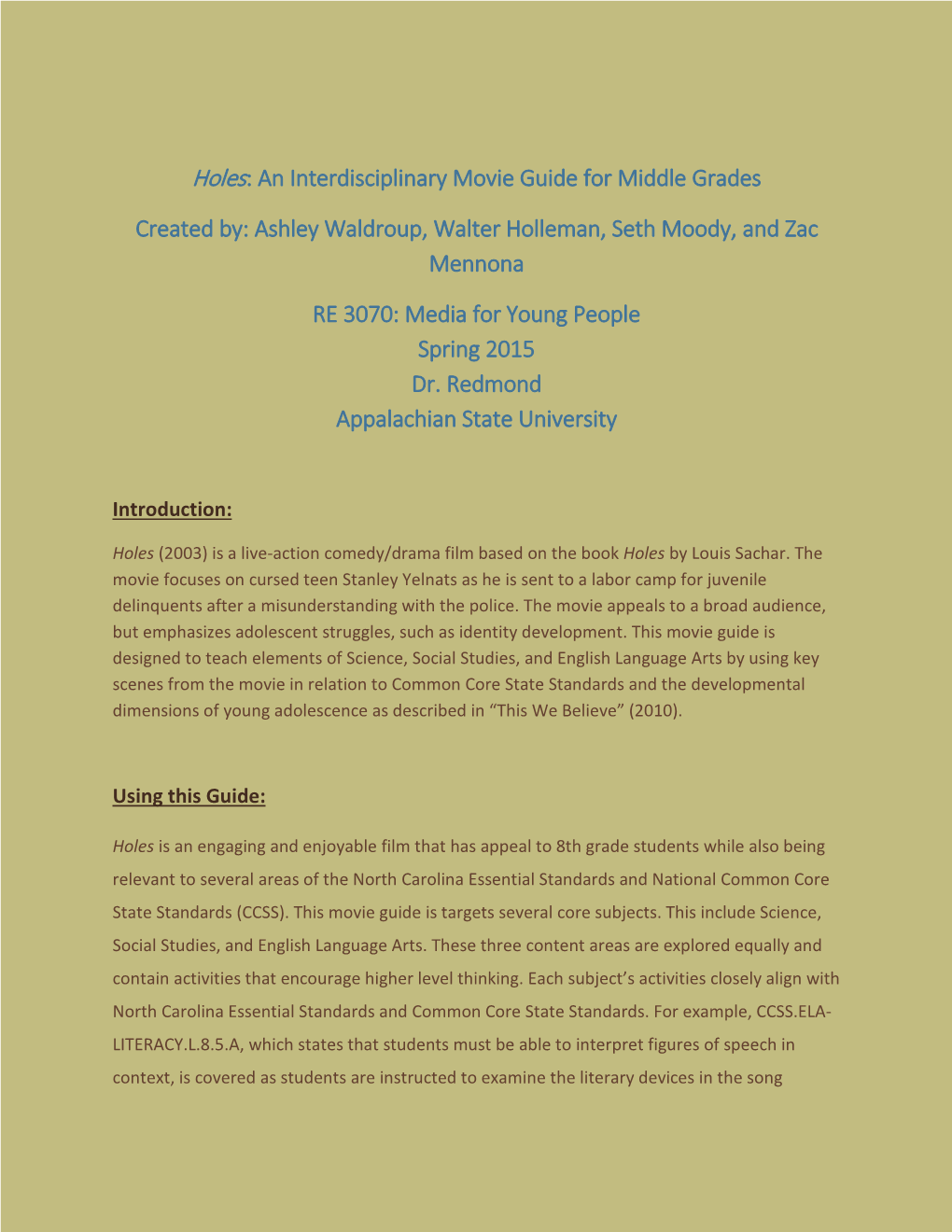 Holes: an Interdisciplinary Movie Guide for Middle Grades Created