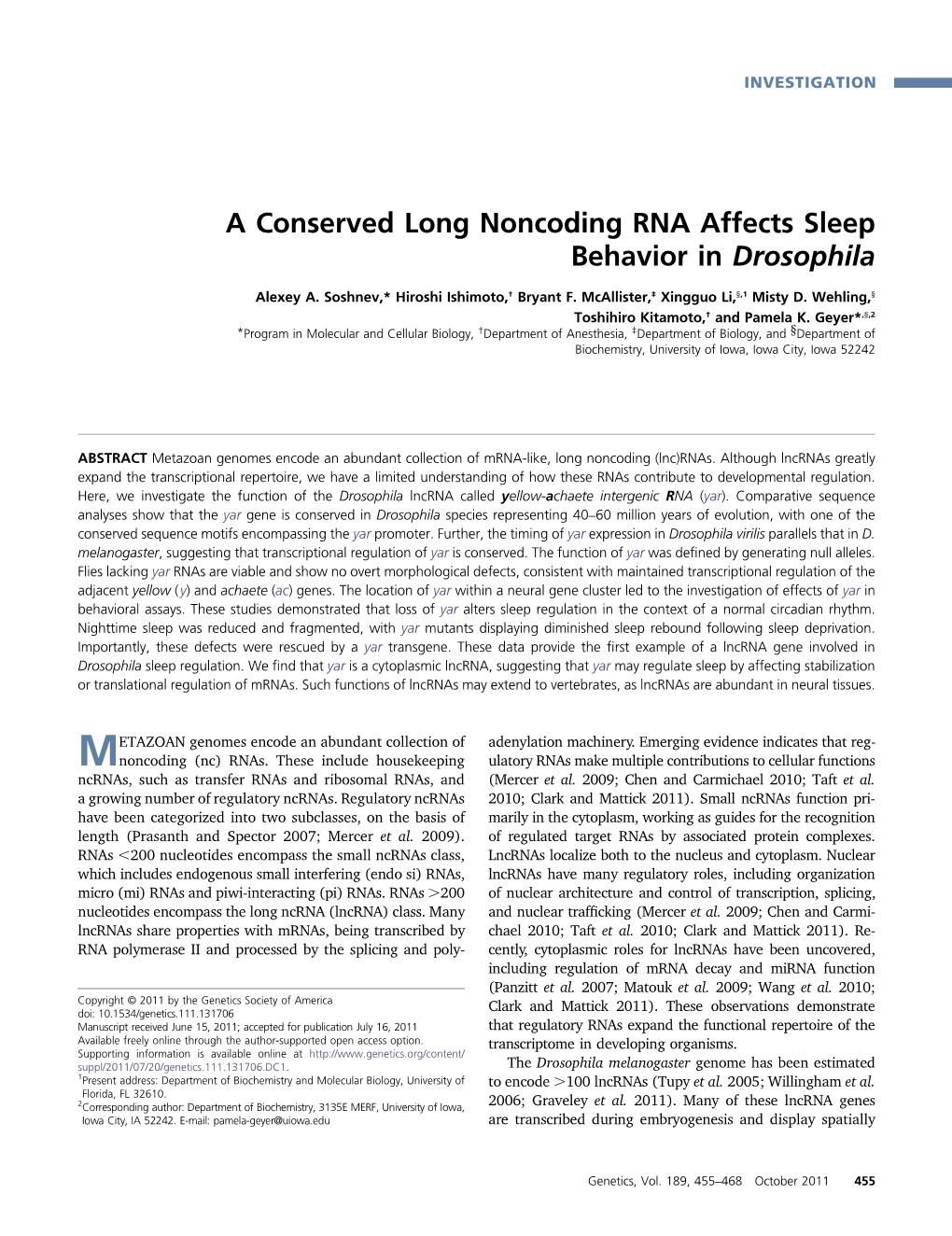 A Conserved Long Noncoding RNA Affects Sleep Behavior in Drosophila