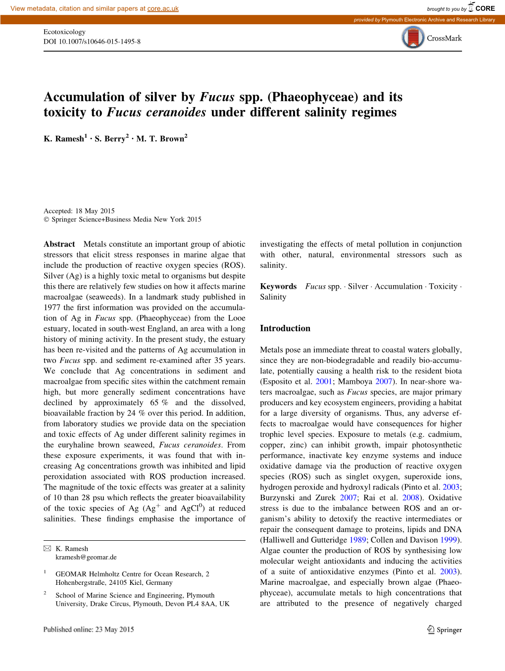 Phaeophyceae) and Its Toxicity to Fucus Ceranoides Under Different Salinity Regimes
