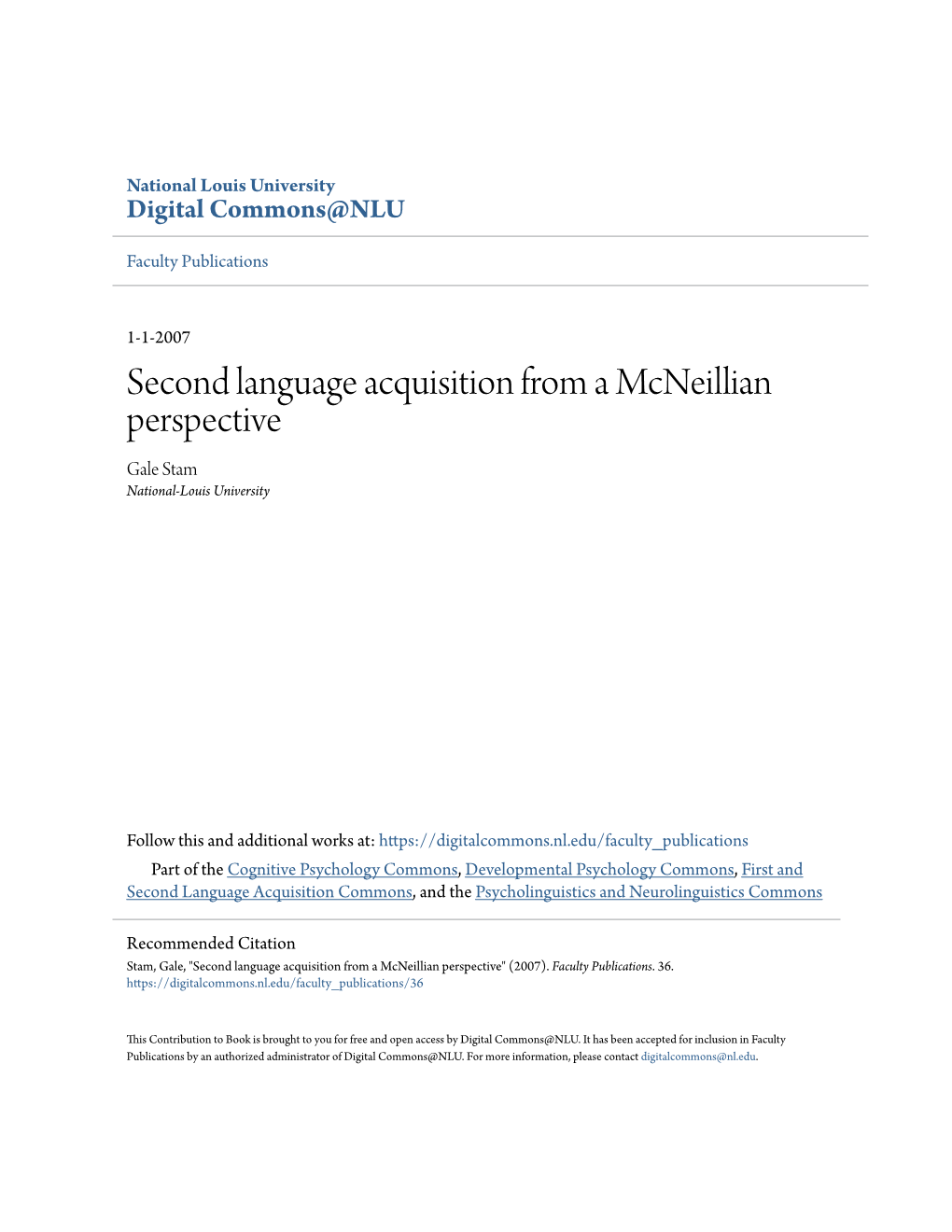 Second Language Acquisition from a Mcneillian Perspective Gale Stam National-Louis University