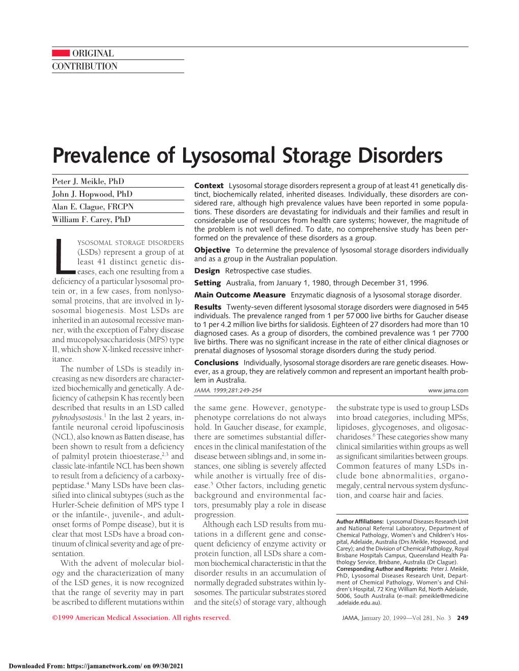 Prevalence of Lysosomal Storage Disorders