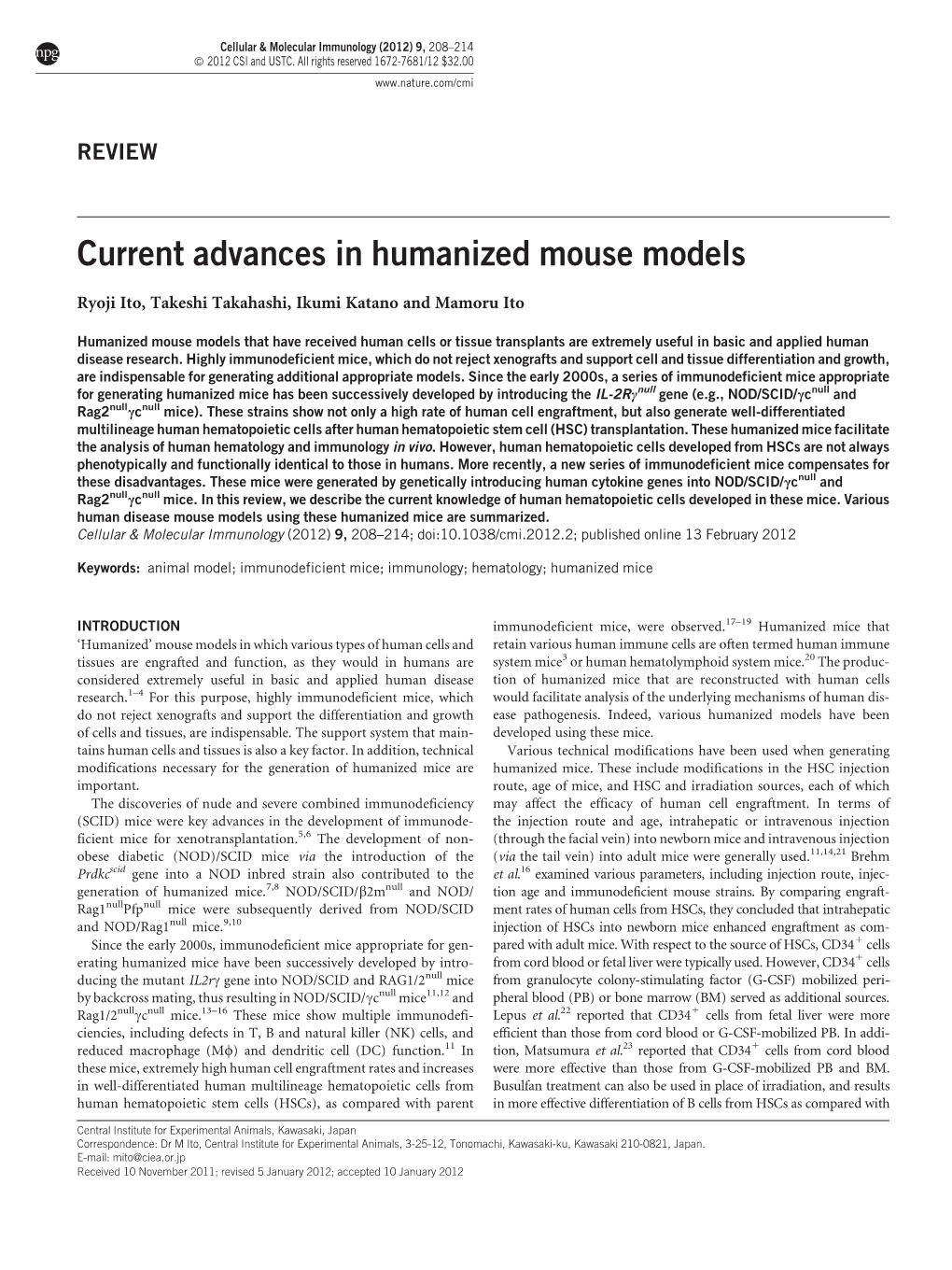Current Advances in Humanized Mouse Models