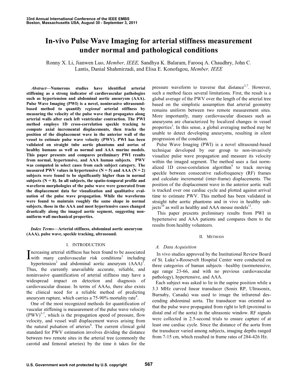 In-Vivo Pulse Wave Imaging for Arterial Stiffness Measurement Under Normal and Pathological Conditions