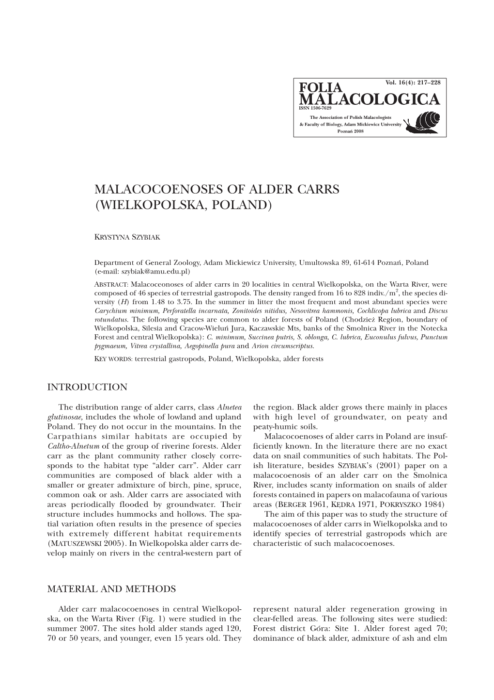 Malacocoenoses of Alder Carrs (Wielkopolska, Poland)