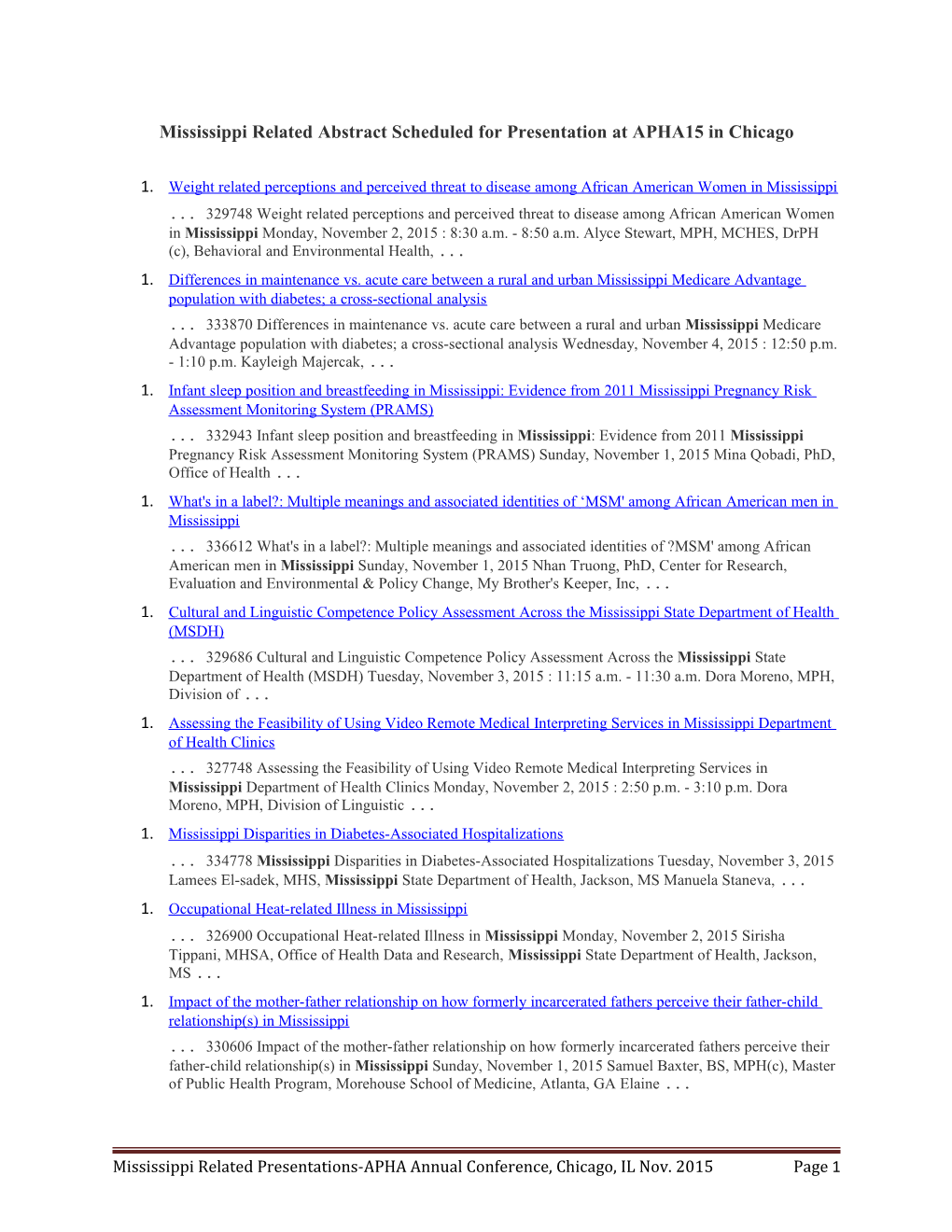 Mississippi Related Abstract Scheduled for Presentation at APHA15 in Chicago