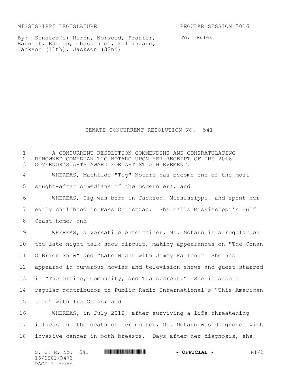 MISSISSIPPI LEGISLATURE REGULAR SESSION 2016 By