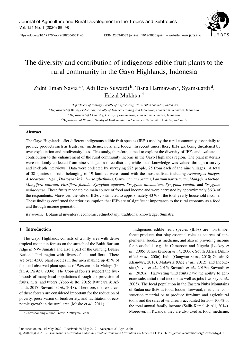 The Diversity and Contribution of Indigenous Edible Fruit Plants to the Rural Community in the Gayo Highlands, Indonesia