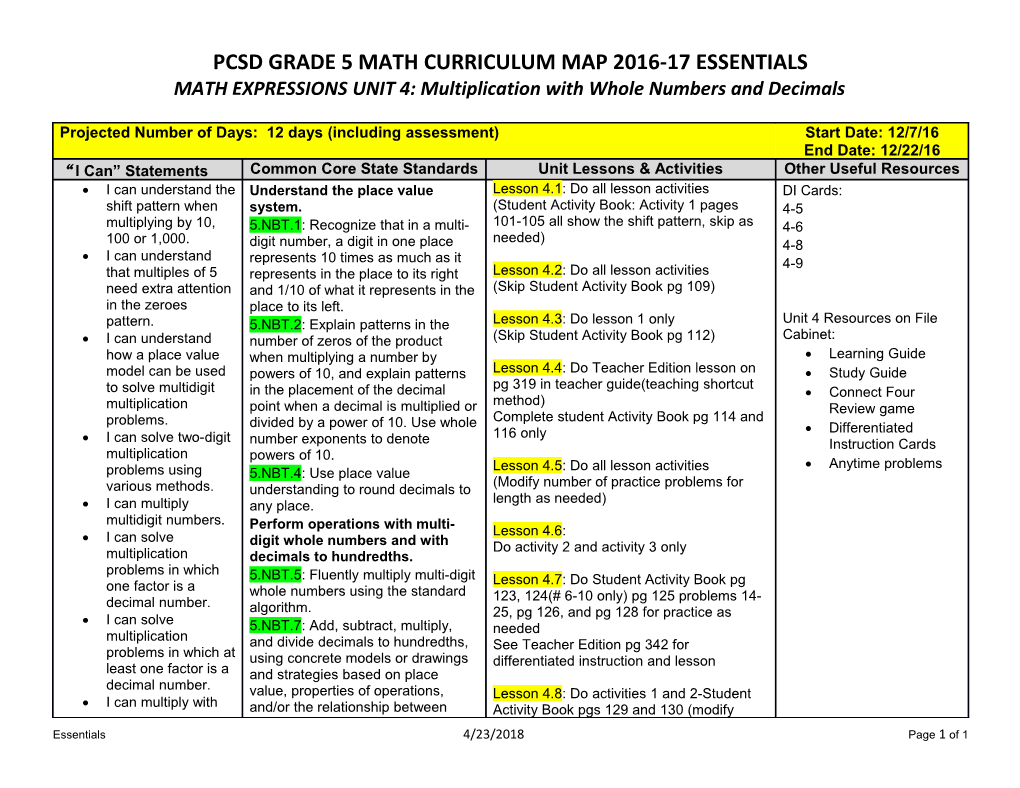 Pcsd Grade 5 Math Curriculum Map 2016-17 Essentials