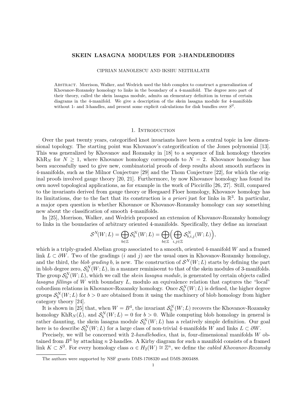 SKEIN LASAGNA MODULES for 2-HANDLEBODIES 1. Introduction Over the Past Twenty Years, Categorified Knot Invariants Have Been a Ce