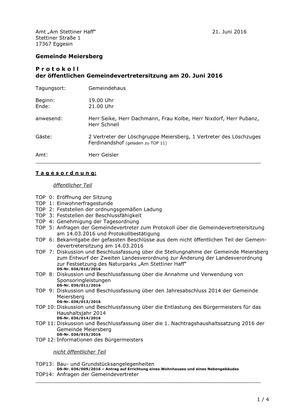 Protokoll Sitzung Gemeindevertretung Meiersberg 20.06.2016