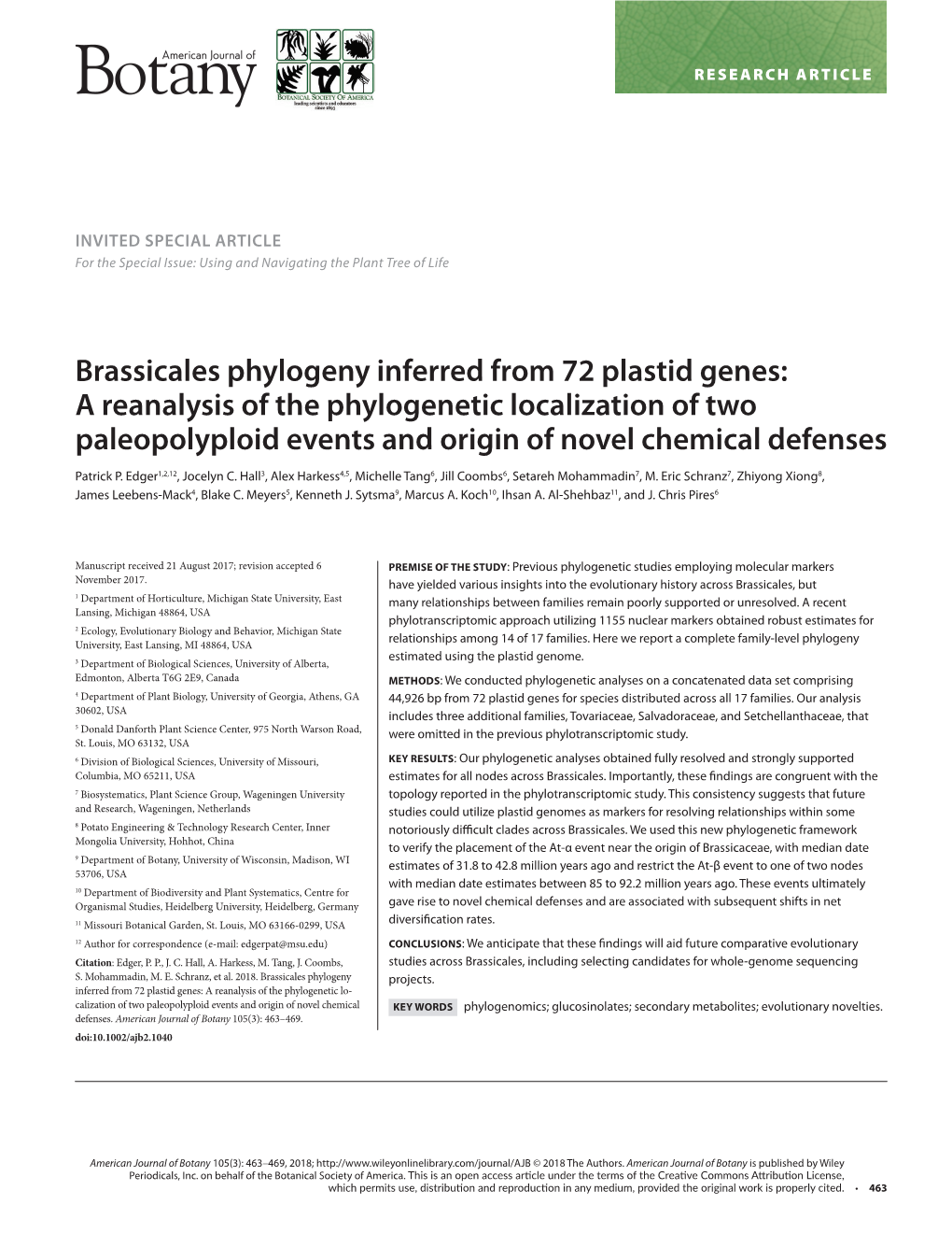 Brassicales Phylogeny Inferred from 72 Plastid Genes: a Reanalysis of the Phylogenetic Localization of Two Paleopolyploid Events and Origin of Novel Chemical Defenses